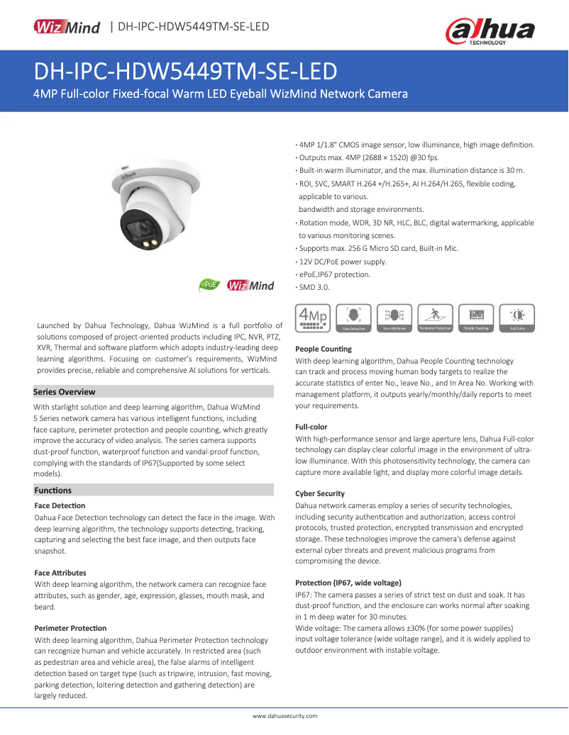 Page 1 de la notice Fiche technique Dahua Technology IPC-HDW5449TM-SE-LED