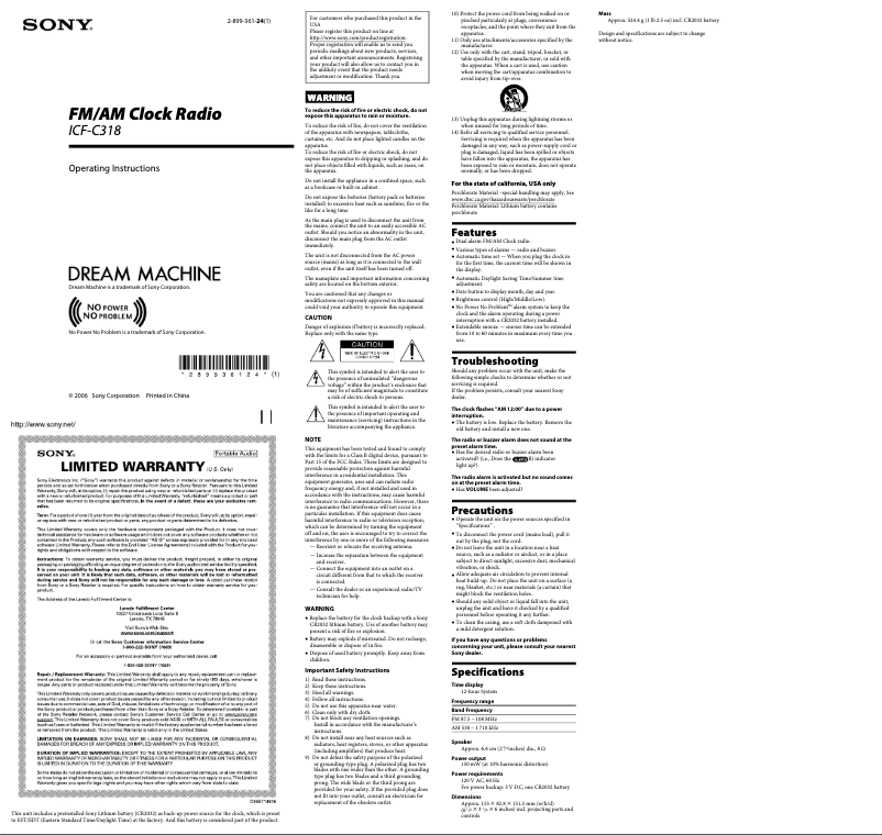 Page 1 de la notice Manuel utilisateur Sony ICF-C318S