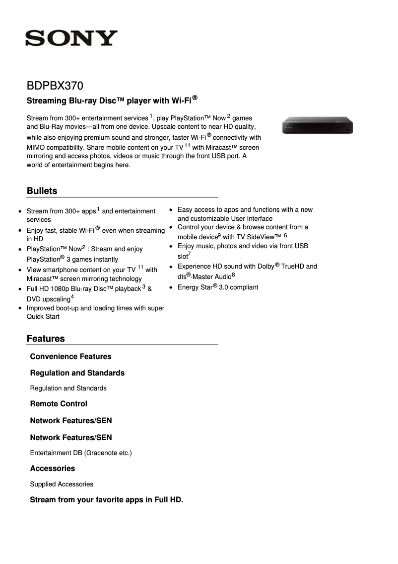 Page 1 de la notice Fiche technique Sony BDP-BX370