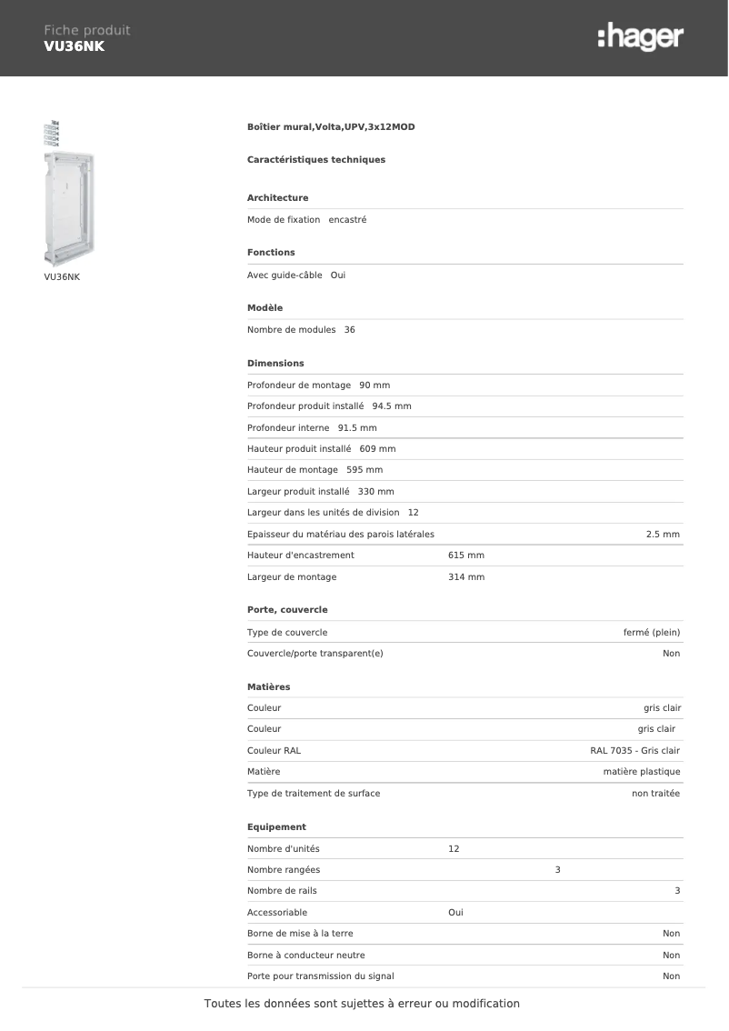 Page 1 of the manual Technical Sheet Hager VU36NK