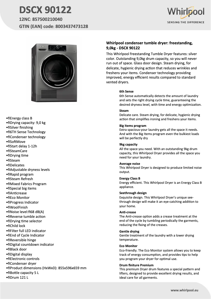 Página 1 del manual Ficha técnica Whirlpool DSCX 90122