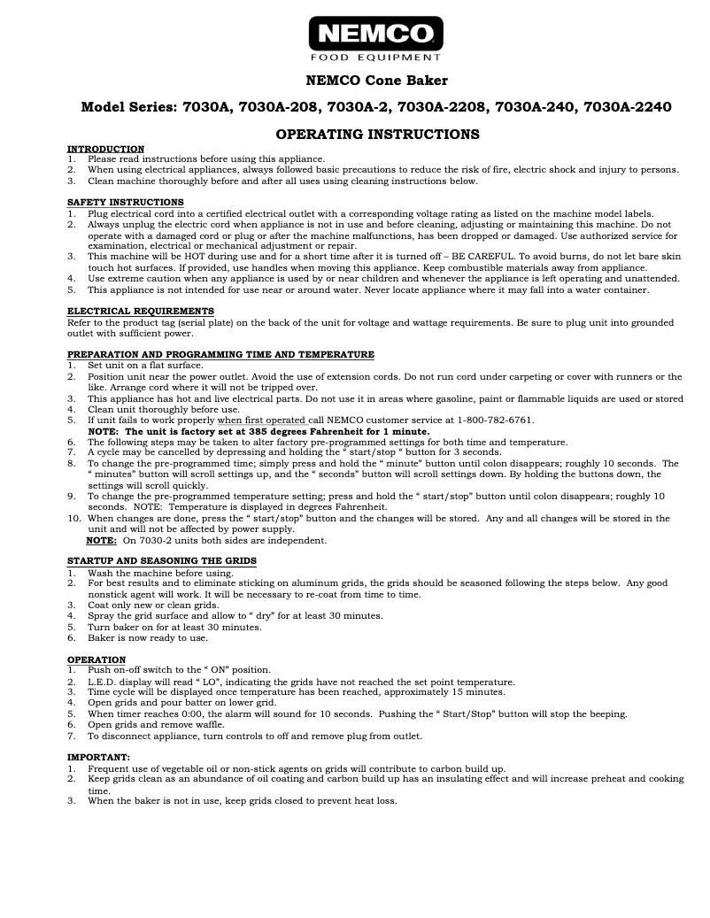 Page n°1 - Manuel utilisateur Nemco 7030A-2