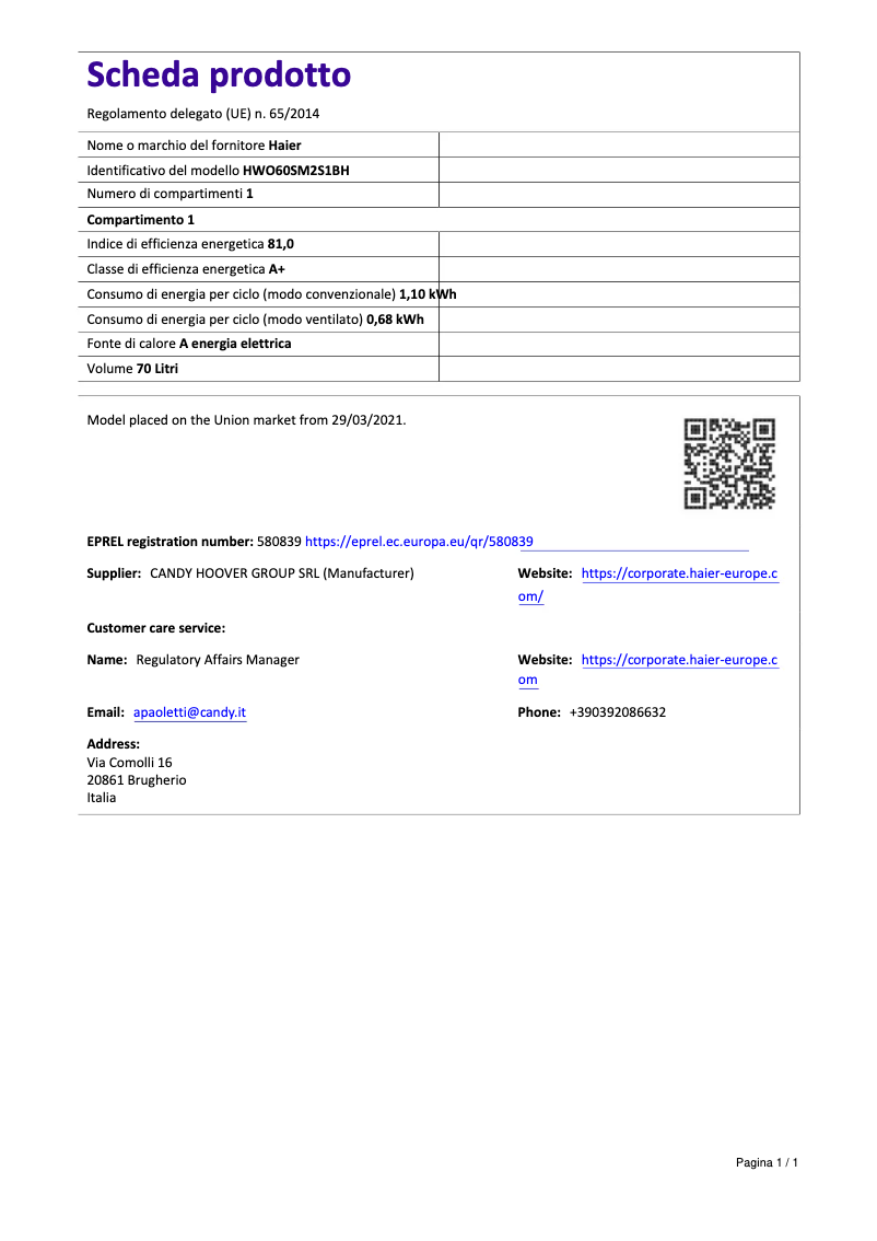 Page 1 de la notice Fiche technique Haier HWO60SM2S1BH