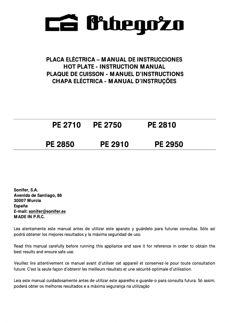 Page 1 de la notice Manuel utilisateur Orbegozo PE 2910