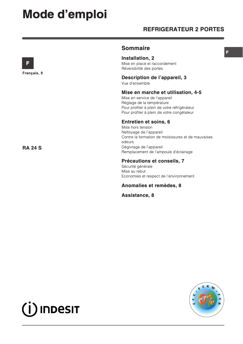 Page 1 de la notice Manuel utilisateur Indesit RA 24 S (FR)