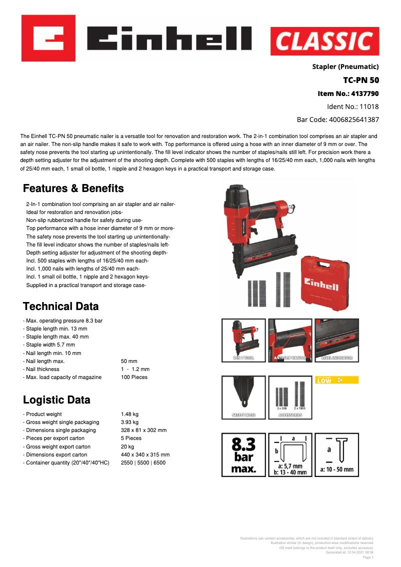 Page 1 de la notice Fiche technique Einhell TC-PN 50