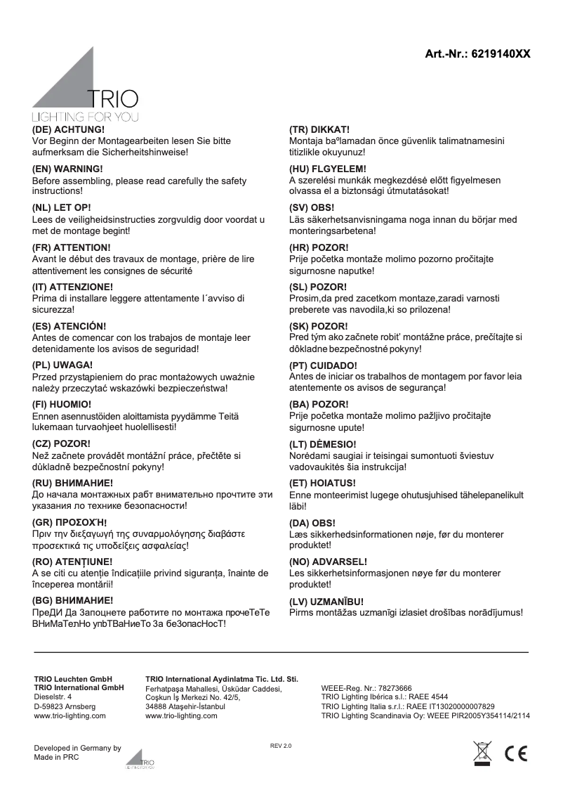 Page n°1 - Manuel utilisateur Trio Lighting Lugano 621914011