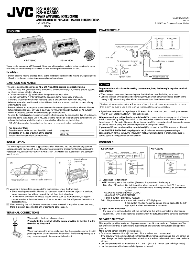 Page 1 de la notice Manuel utilisateur JVC KS-AX3300