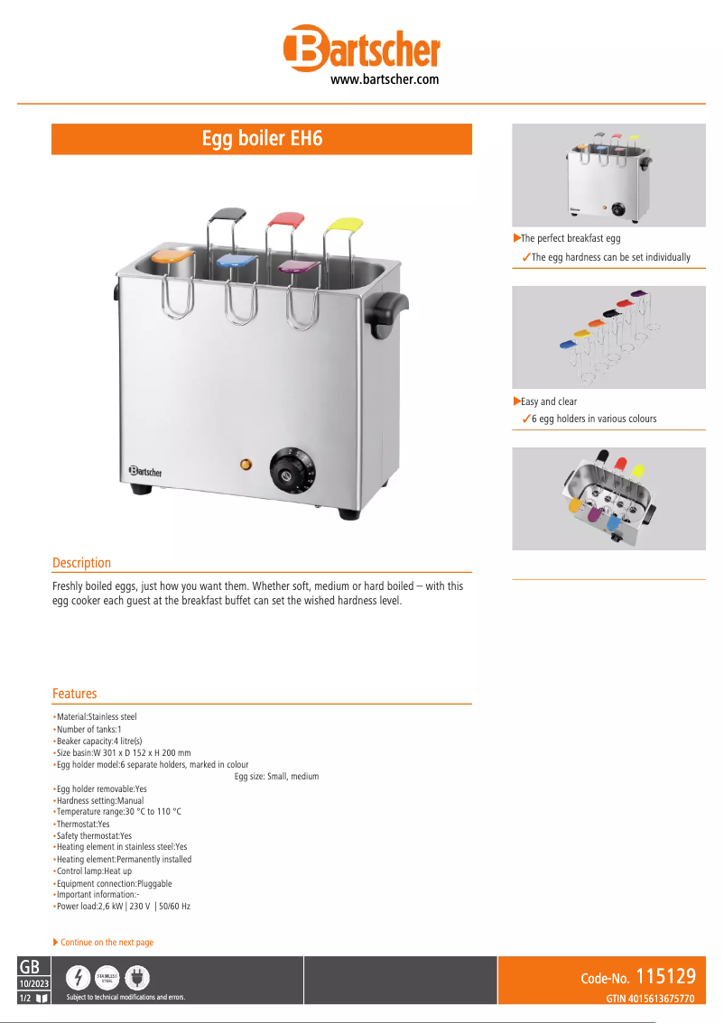 Page n°1 - Fiche technique Bartscher EH6
