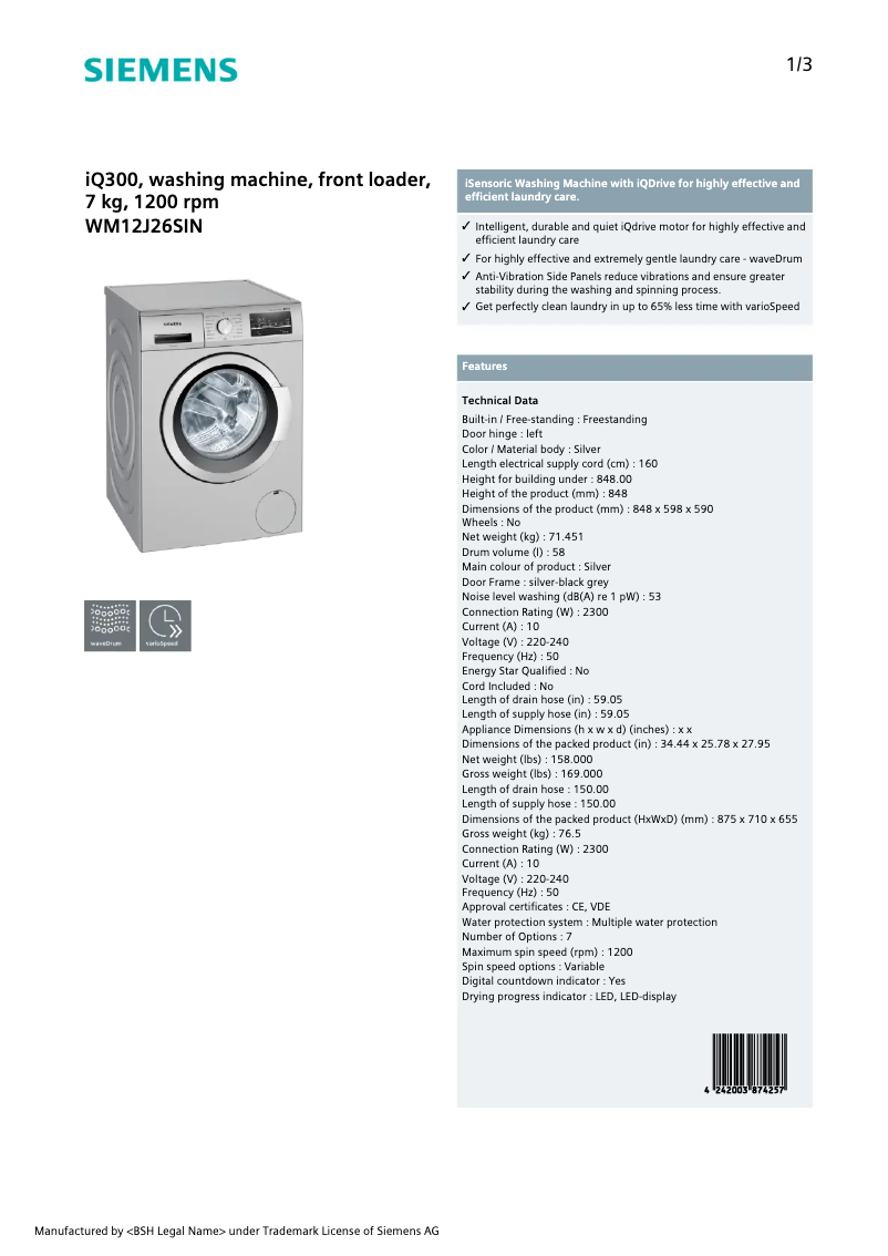 Page n°1 - Fiche technique Siemens WM12J26SIN