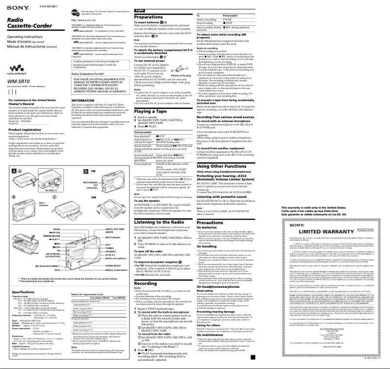 Image de la première page du manuel de l'appareil Walkman WM-SR10