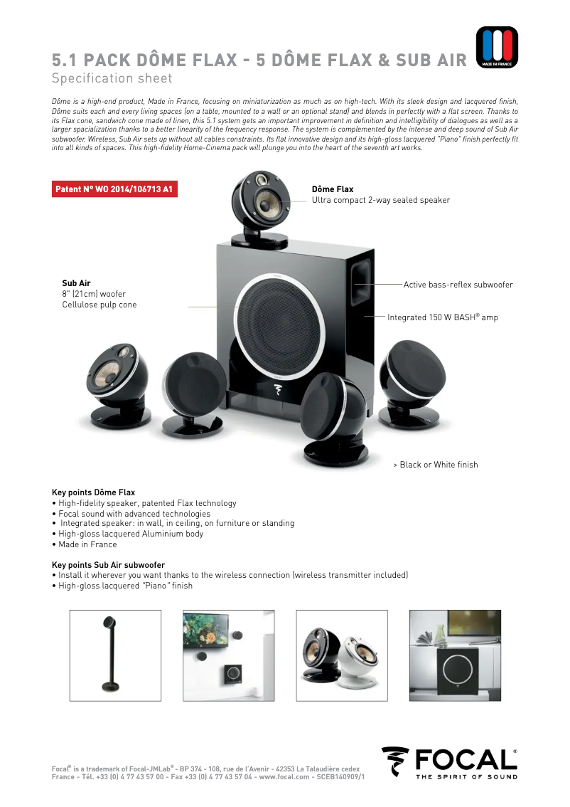 Page 1 de la notice Fiche technique Focal Dome
