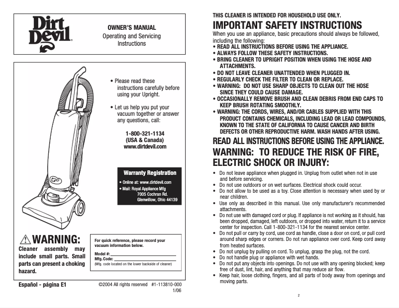 Page n°1 - Manuel utilisateur Dirt Devil Featherlite M085590