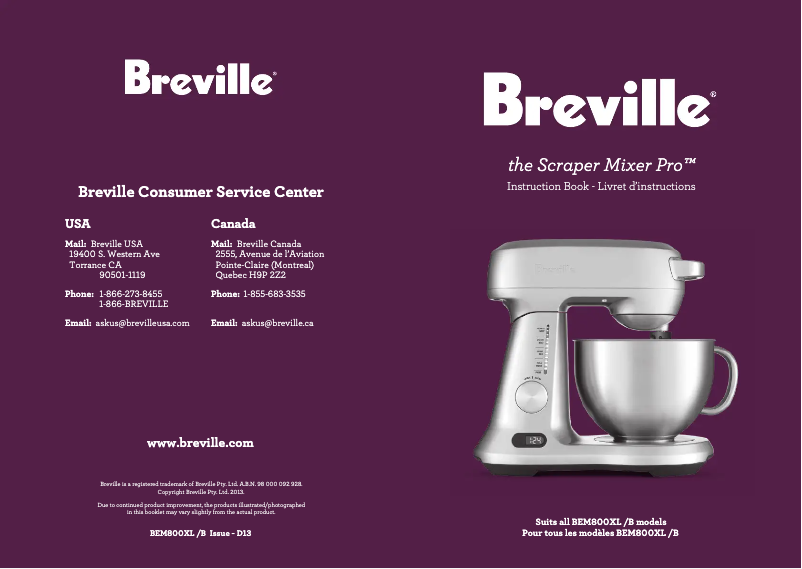 Page 1 de la notice Manuel utilisateur Breville the Scraper Mixer Pro BEM800
