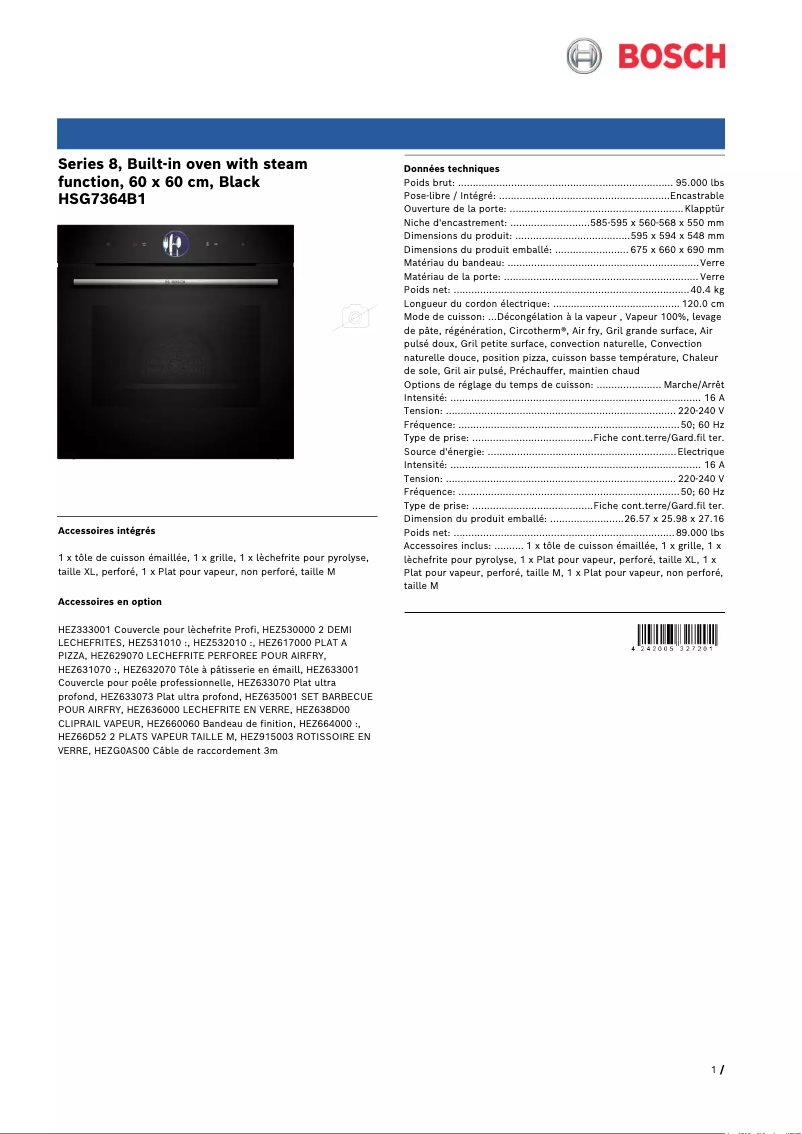Page 1 de la notice Fiche technique Bosch HSG7364B1