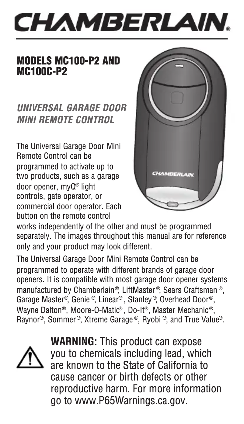 Page 1 de la notice Manuel utilisateur Chamberlain MC100C-P2