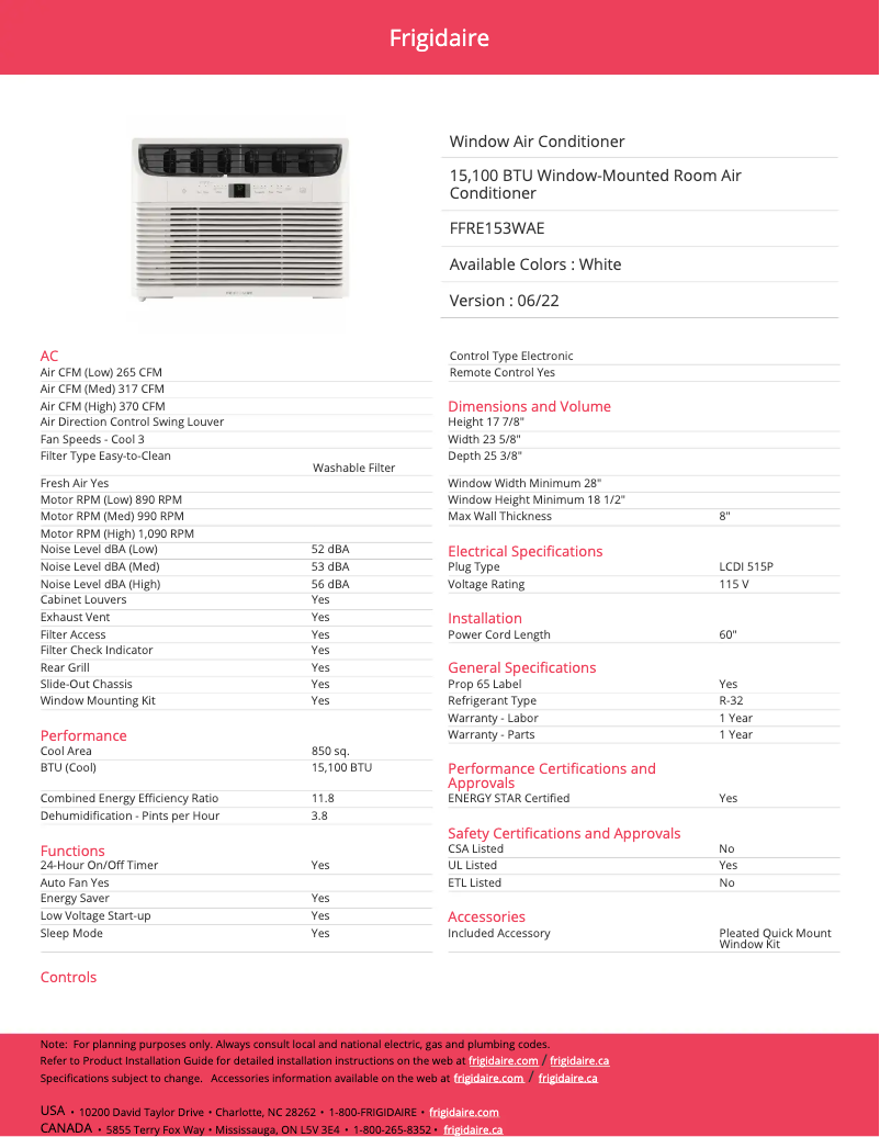 Page n°1 - Fiche technique Frigidaire FFRE153WA1