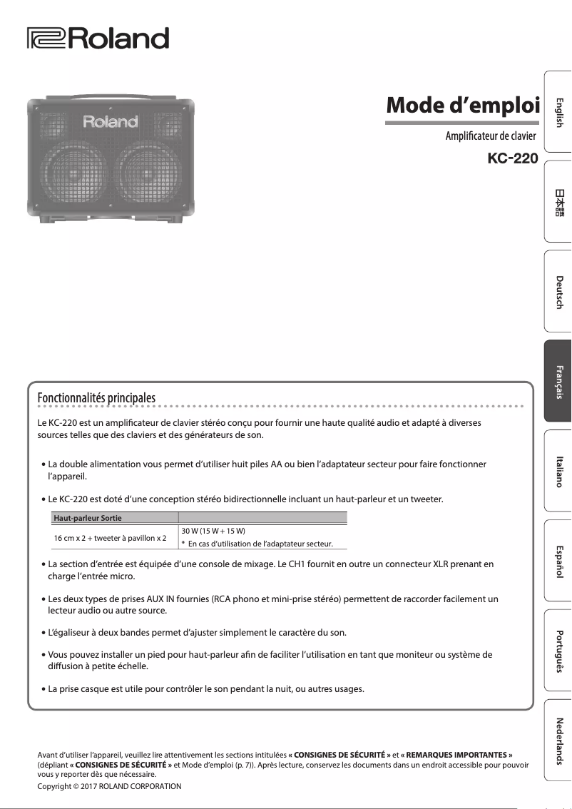 Page n°1 - Manuel utilisateur Roland KC-220