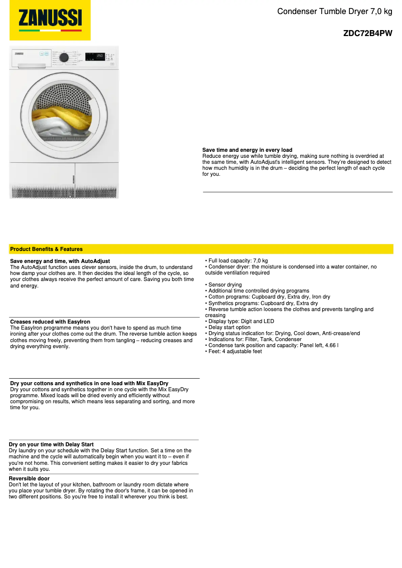 Page 1 de la notice Fiche technique Zanussi ZDC72B4PW