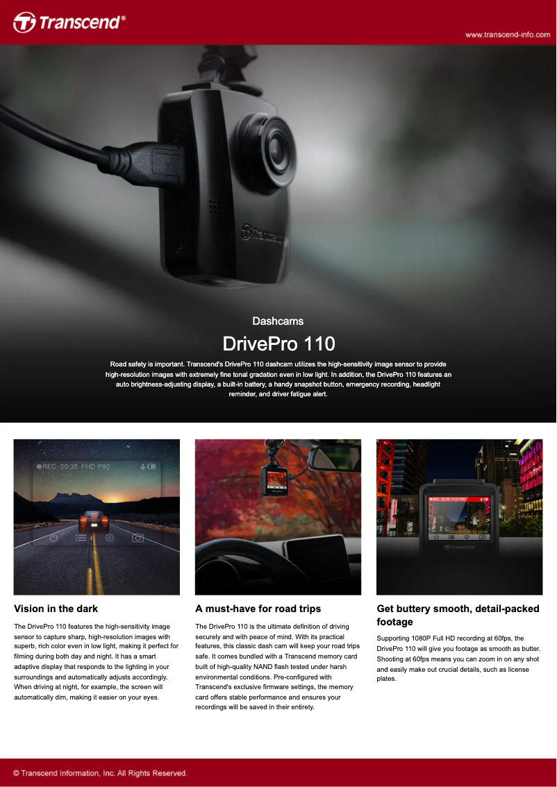 Page n°1 - Fiche technique Transcend DrivePro 110