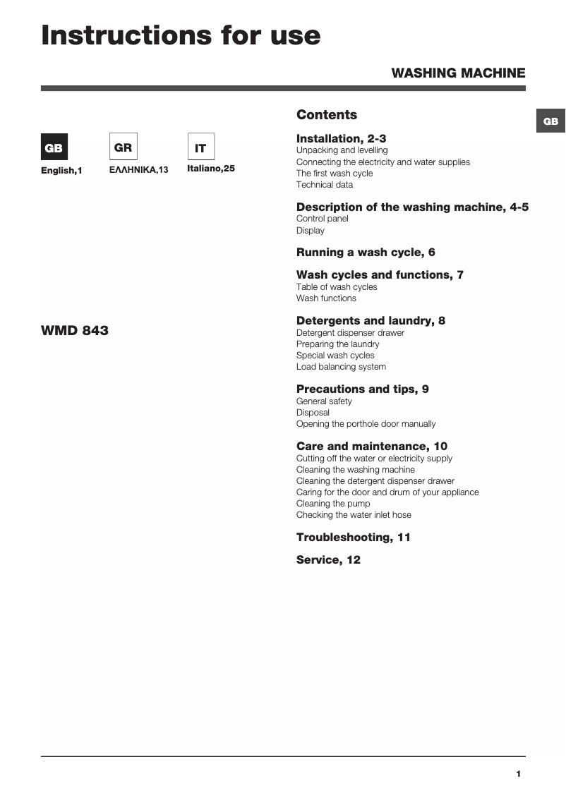 Image de la première page du manuel de l'appareil WMD 843BS