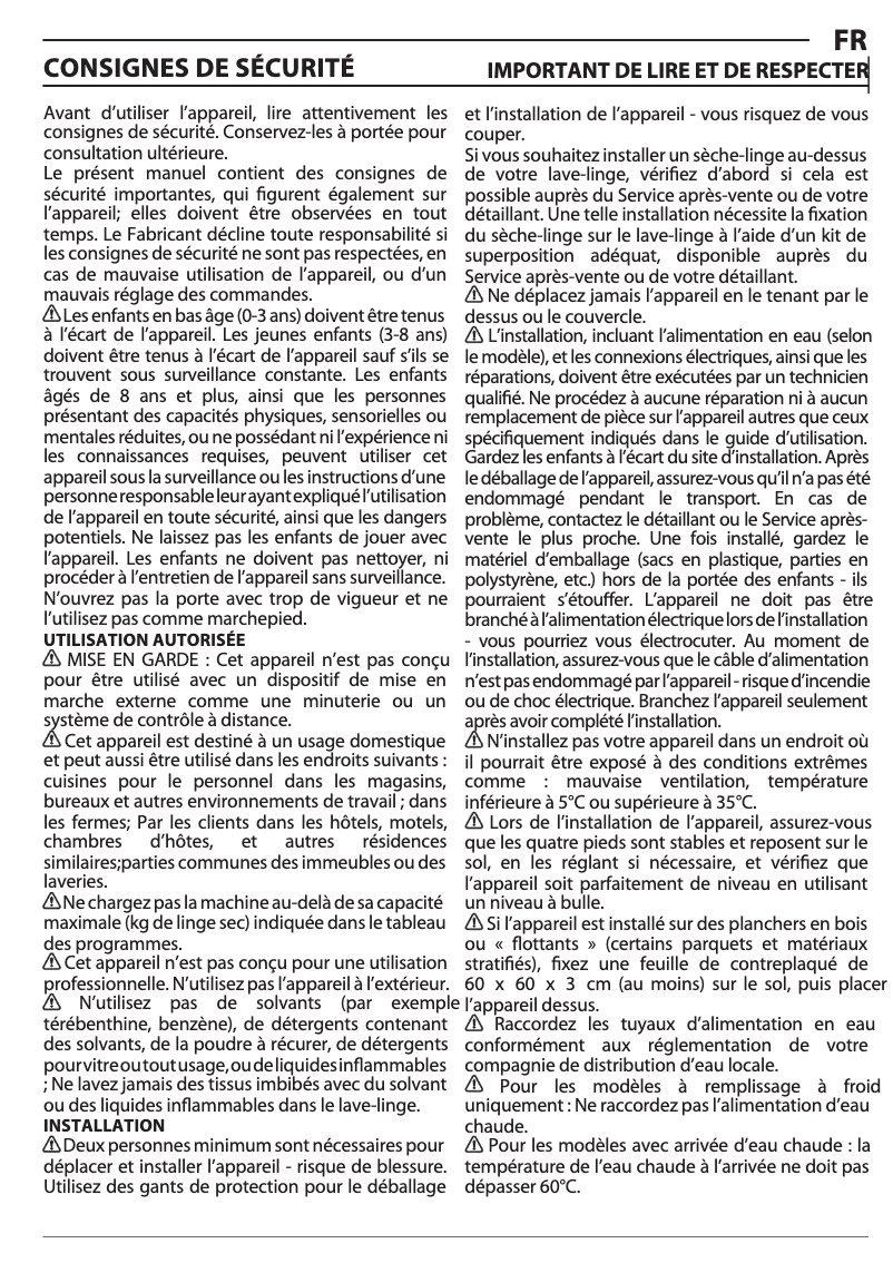 Page 1 de la notice Instructions de sécurité Whirlpool FFB 8469E BV BE