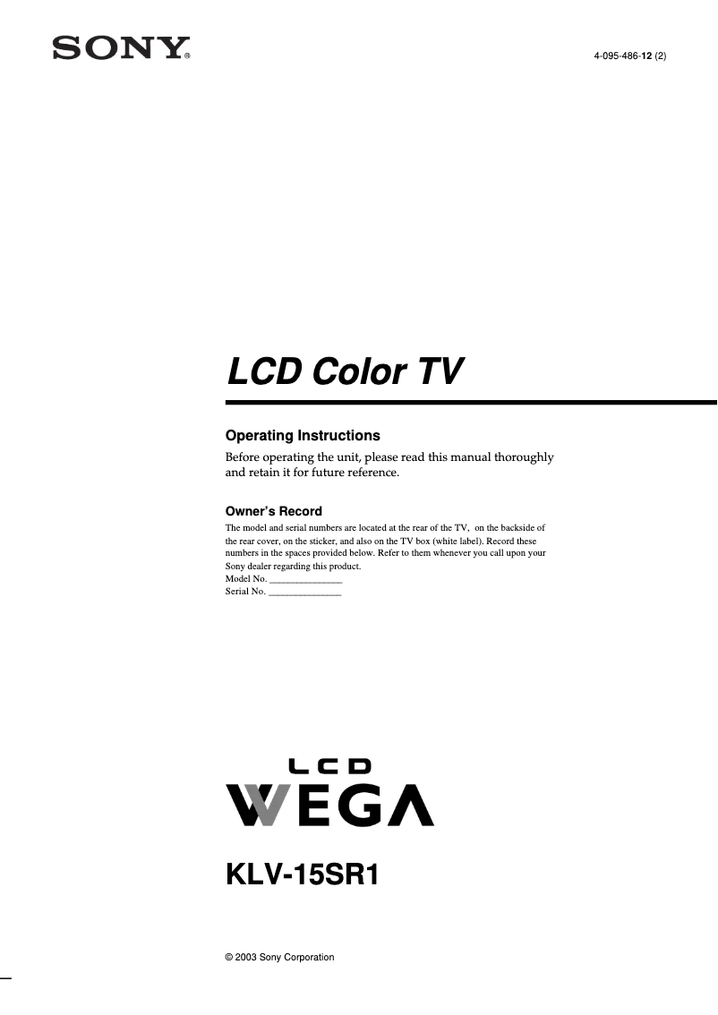 Page 1 de la notice Manuel utilisateur Sony Wega KLV-155SR1