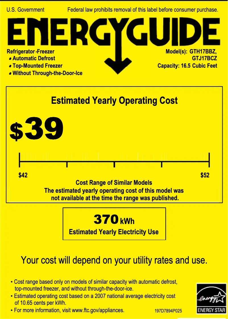 Page 1 de la notice Label énergétique GE GTH17BBZLWW