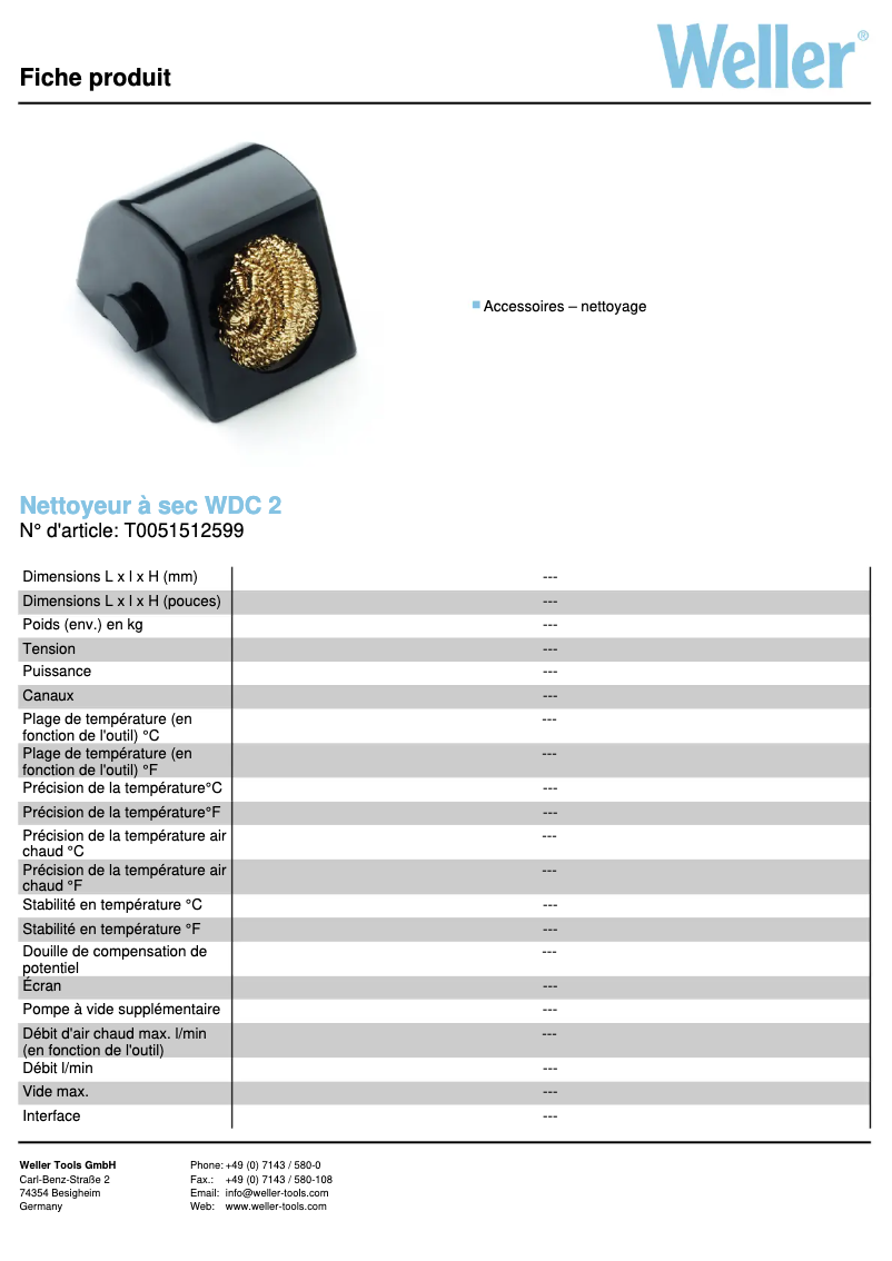 Page 1 de la notice Fiche technique Weller 2 Trockenreiniger