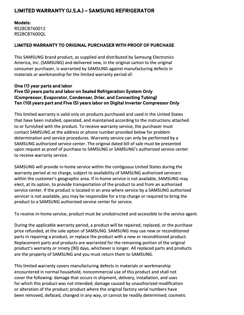 Page 1 de la notice Informations de garantie Samsung RS28CB760012