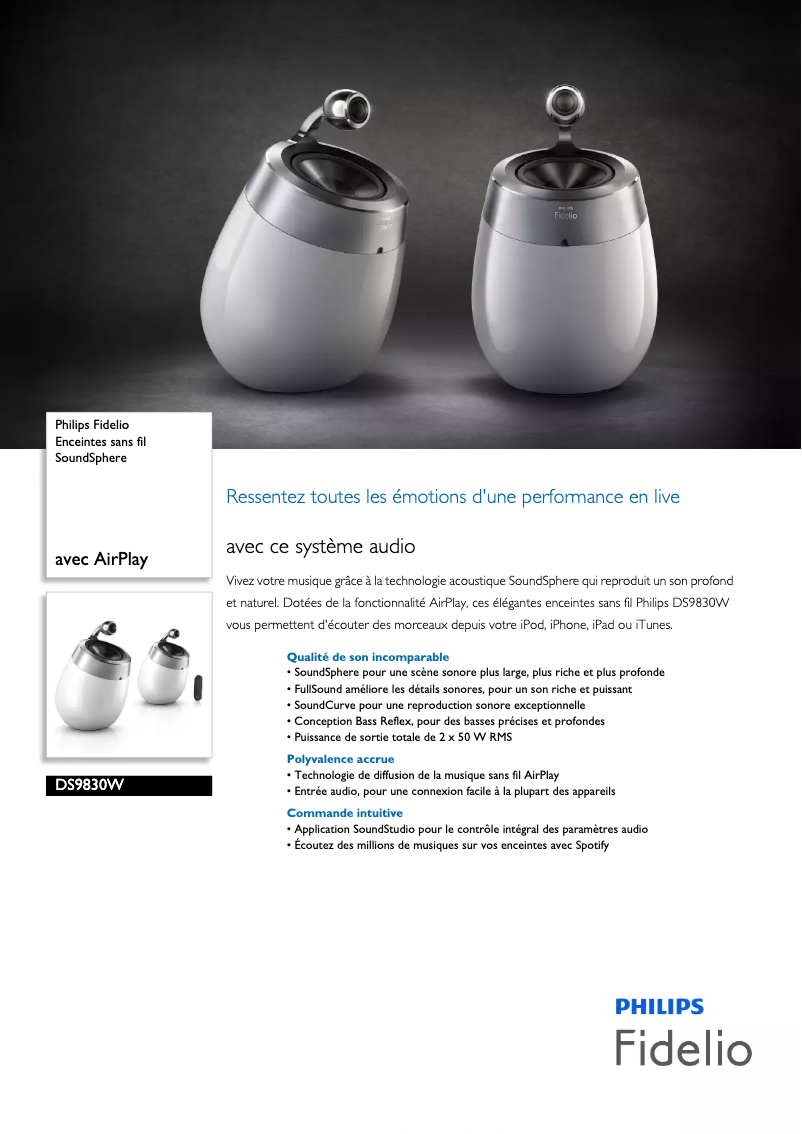 Page 1 de la notice Fiche technique Philips Fidelio DS9830W