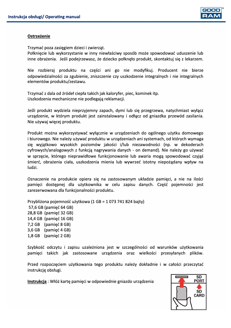 Page 1 de la notice Manuel utilisateur Goodram SD