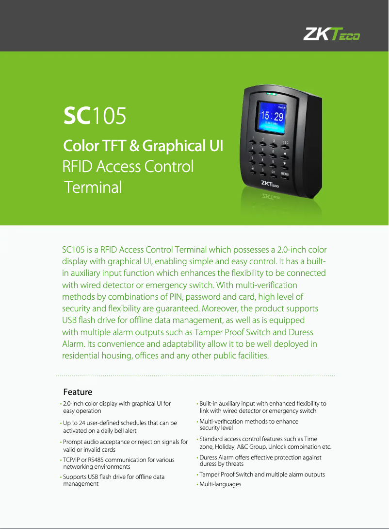 Page 1 de la notice Fiche technique ZKTeco SC105