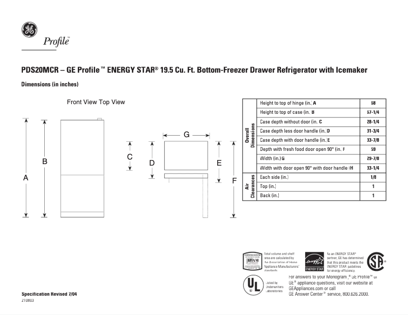Page n°1 - Fiche technique GE Profile PDS20MCRWW