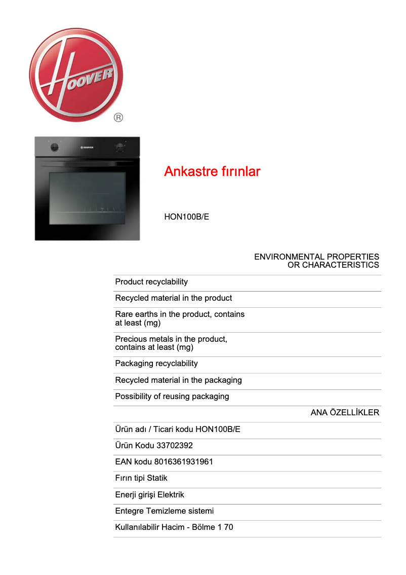 Page n°1 - Fiche technique Hoover HON100B/E