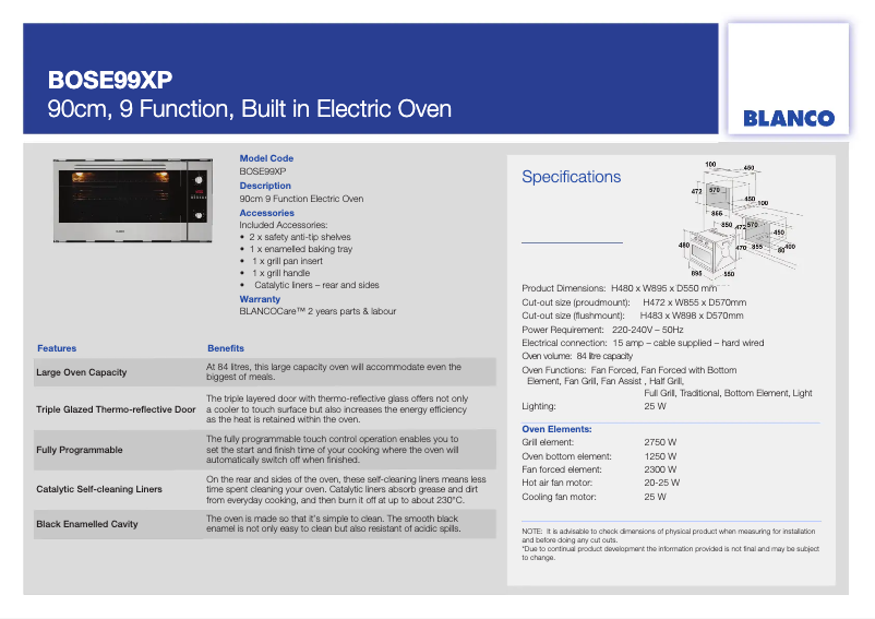 Página 1 del manual Ficha técnica BLANCO BOSE99XP