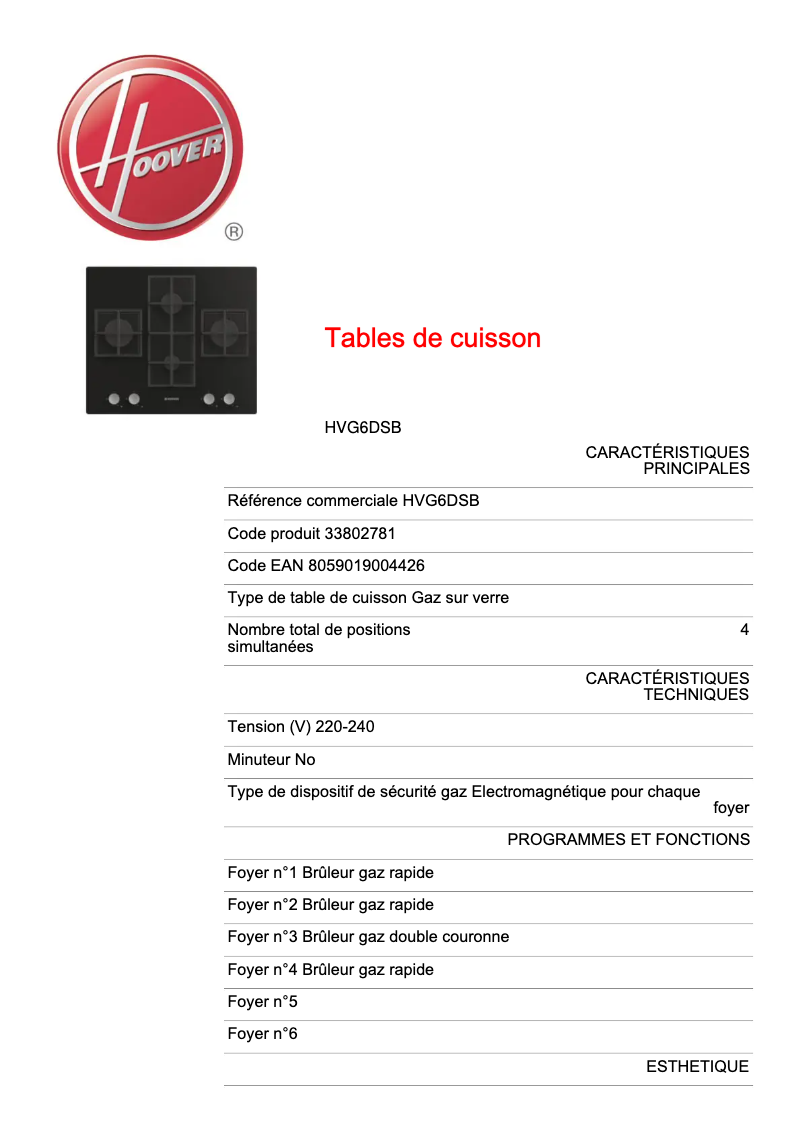 Page n°1 - Fiche technique Hoover H-HOB 500 HVG6DSB
