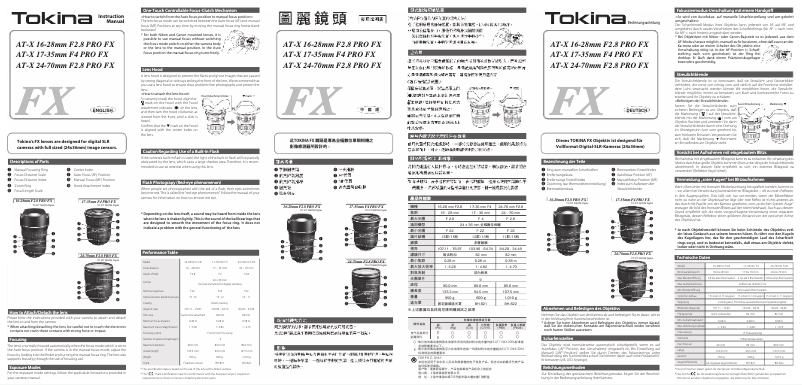 Page 1 de la notice Manuel utilisateur Tokina AT-X 16-28 F2.8 PRO FX