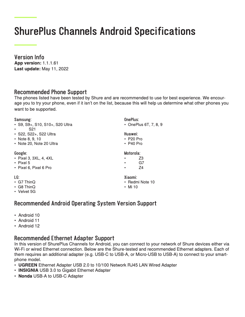 Page 1 de la notice Fiche technique Shure Plus MOTIV Video