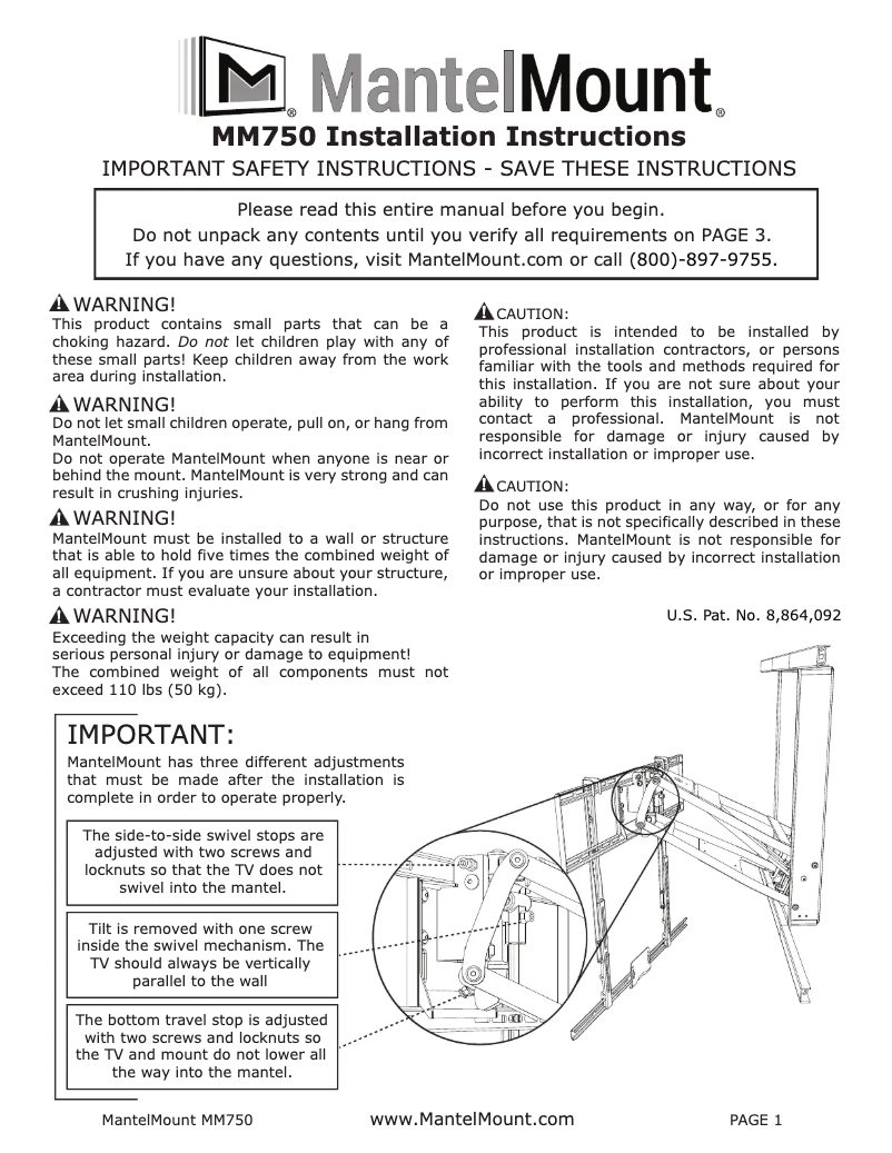 Page n°1 - Guide d'installation MantelMount MM750