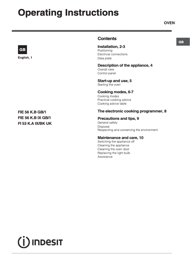 Page 1 de la notice Manuel utilisateur Indesit FI 53 K.A IX/BK UK