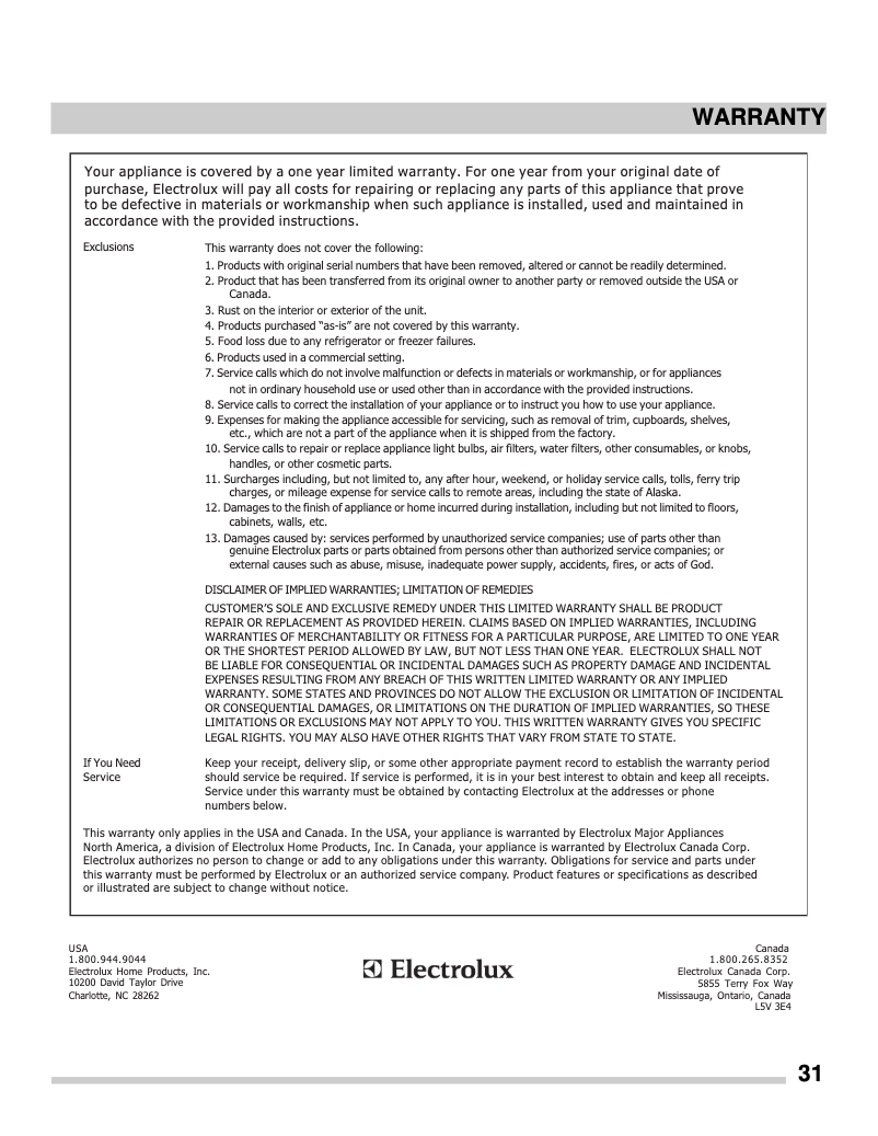 Page n°1 - Informations de garantie Frigidaire FGIF3036TF