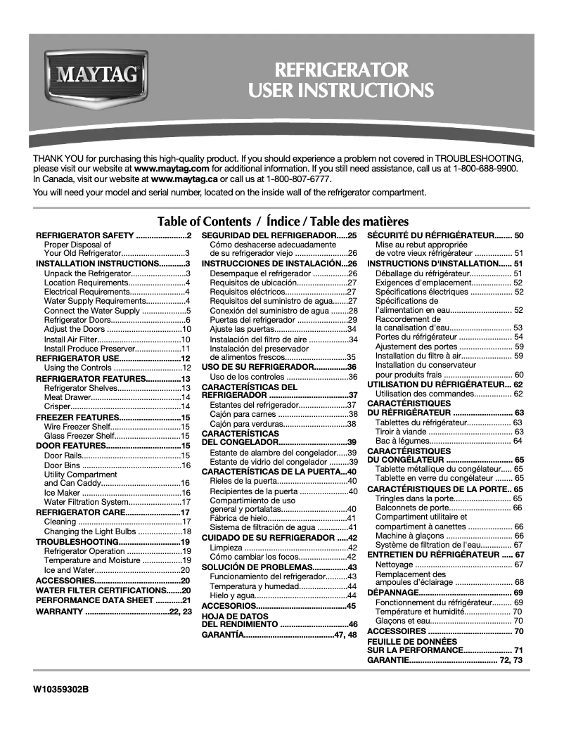 Page n°1 - Manuel d'utilisation et d'entretien Maytag M1TXEGMYS