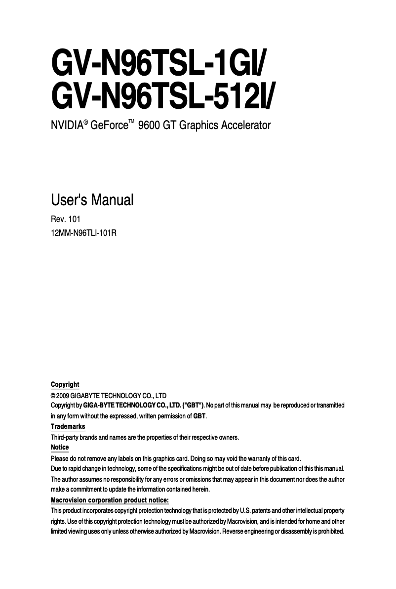 Page 1 de la notice Manuel utilisateur Gigabyte GV-N96TSL-1GI