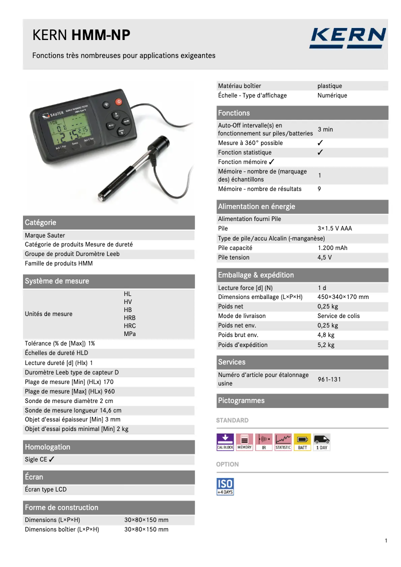 Page 1 de la notice Fiche technique Sauter HMM-NP
