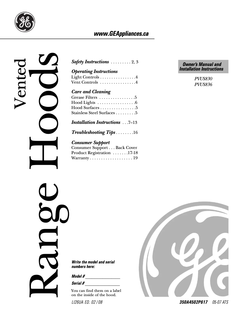 Page 1 de la notice Manuel utilisateur GE PVUS836MSS