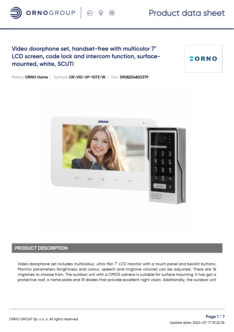 Page 1 de la notice Fiche technique Vibell OR-VID-VP-1073