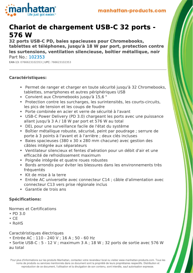 Page 1 de la notice Fiche technique Manhattan 102353