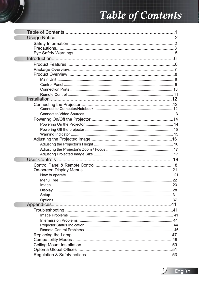 Page 1 de la notice Manuel utilisateur Optoma DX606V