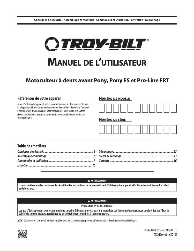 Page n°1 - Manuel utilisateur Troy-Bilt Pony
